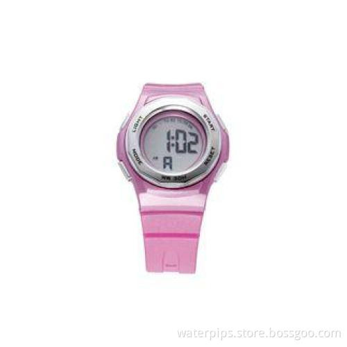 Round Pink PU Women Waterproof Sport Watch With LCD Alarm G